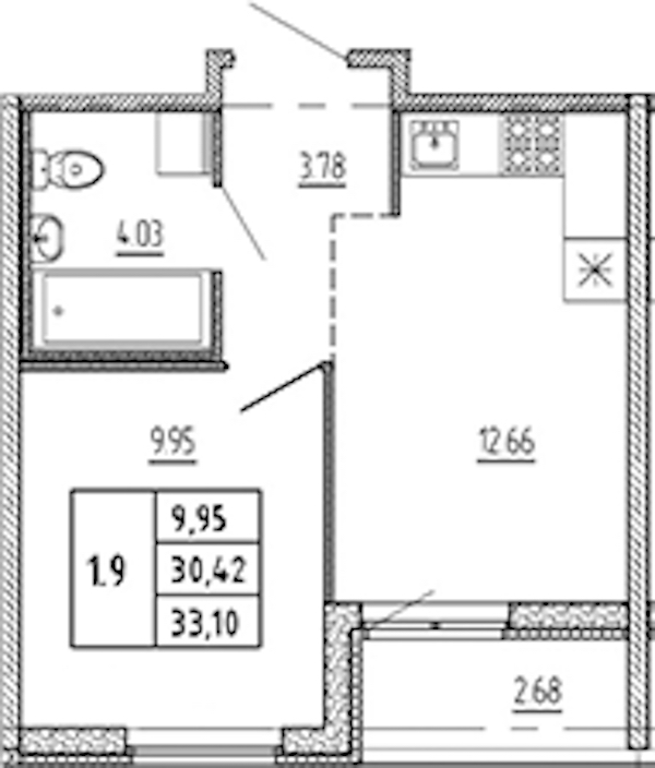 1-комнатная квартира 30.42 м², 9/22 эт., ЖК «Новые горизонты 2»